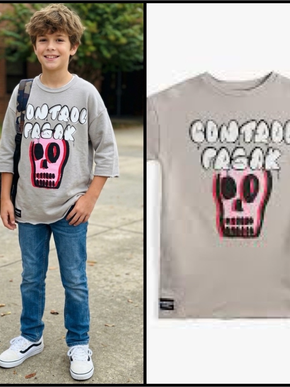 NUNUNU BUBBLY DIZZY SKULL KIDS DECONSTRUCTED GRAPHIC SHORT SLEEVE SWEATSHIRT 2-3